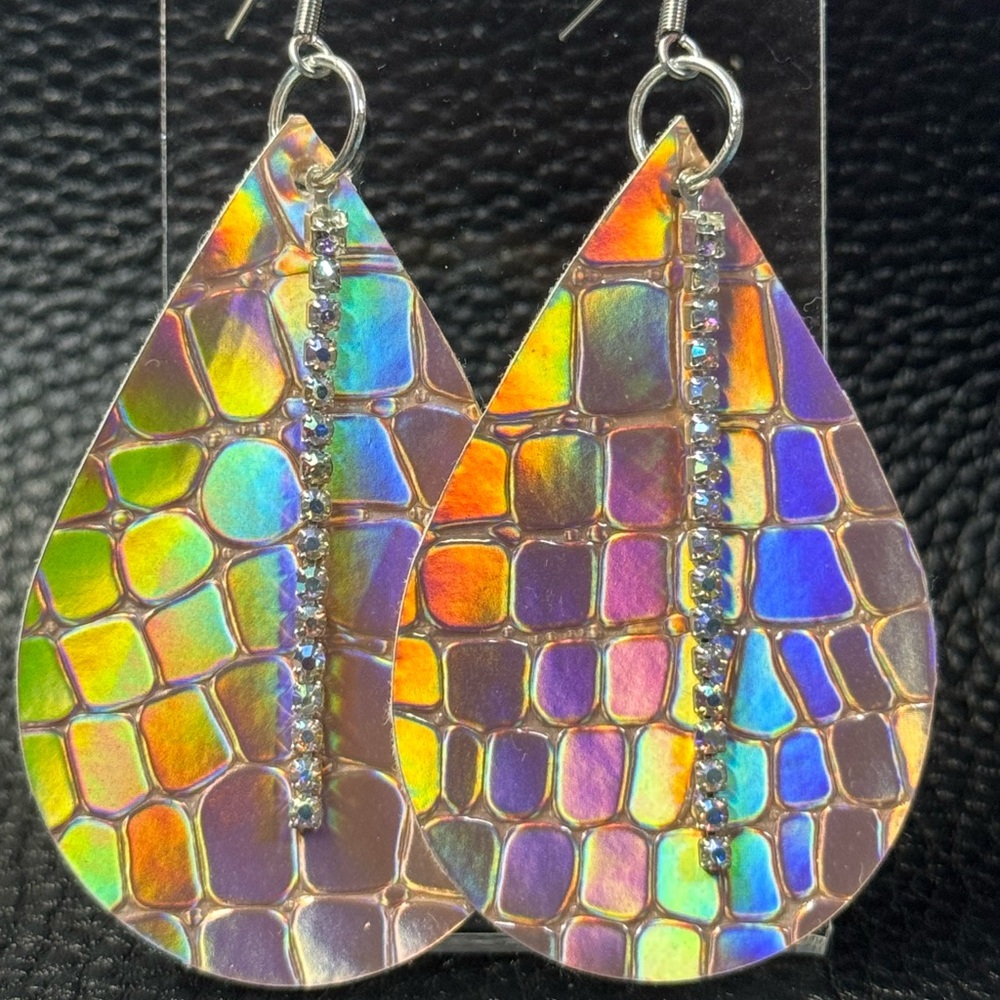 Holographic Faux Leather Teardrop Earrings